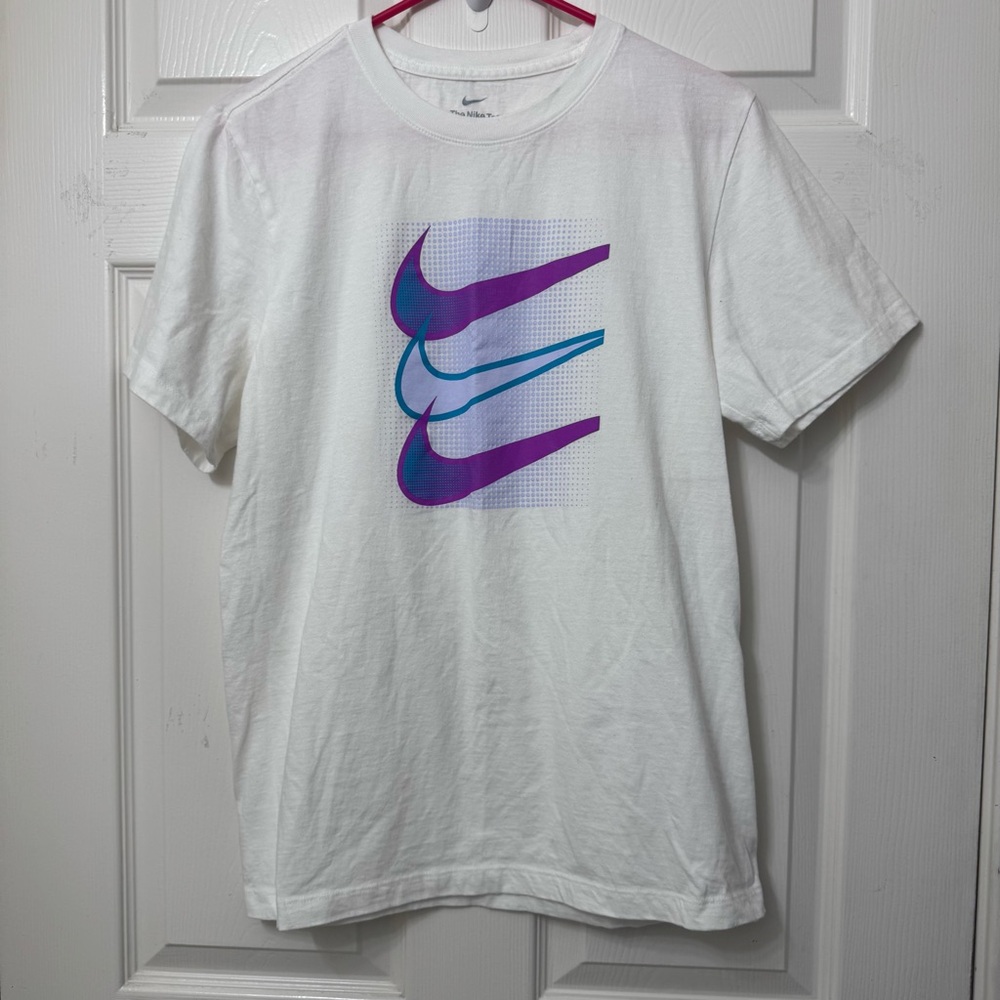 The Nike Tee Women Small T-Shirt White Multicolor Swoosh Graphic Short Sleeve